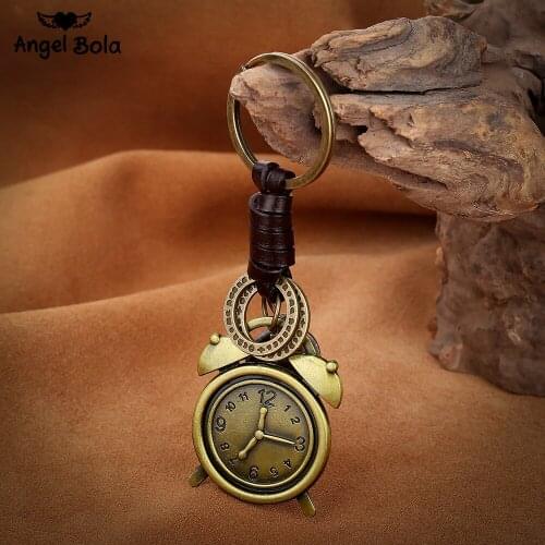 10Pcs/Lot Clock Design Fashion Jewelry Styles Copper Vintage Keychains Leather Key Rings Accessories for Gift