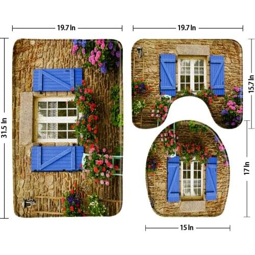 Stone Wall Flower Outside The Window Bath Mat Non-Slip 3 Piece Bathroom Set Rugs Toilet Cover Lid Cushion Sets U-Shaped Pad