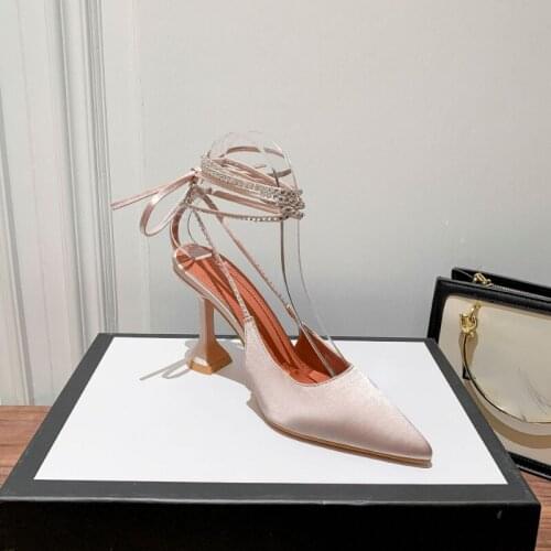 Pointed Toe Ankle Strap Satin Sandals Womens 2021 New Fairy Satin Hollow Wine Cup Heel High Heels