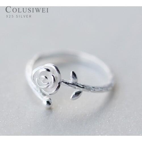 COLUSIWEI Authentic 925 Sterling Silver Cute Rose With leaves Ring for Women Open Adjustable Finger Rings Fine Jewelry Gift