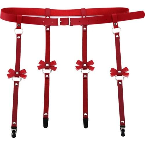 Erotic Fashion Handmade PU Leather Punk Rock Goth Bow Garter Belts Leg Ring with 4 Suspenders Straps and Detachable