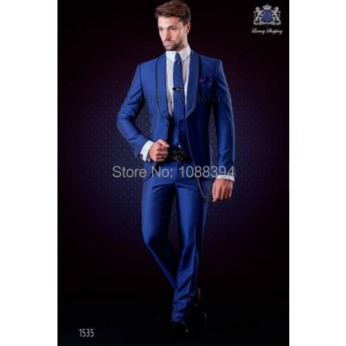 JELTONEWIN Royal Blue Shawl Lapel Dinner Party Men Suits 3 Pcs Costume Homme Groom Wedding Wear Terno Masculino Slim Fit Blazer