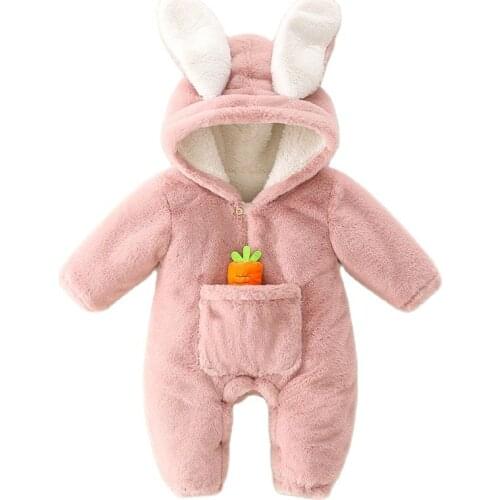 Baby Rompers Winter Warm Coral Fleece Newborn Baby Girl Clothes Cartoon Rabbit Coats Infant Jumpsuit Animal Overalls Pajamas