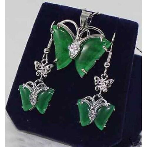 Fashion AAA Green Jade butterfly Pendant Necklace+Earring Set