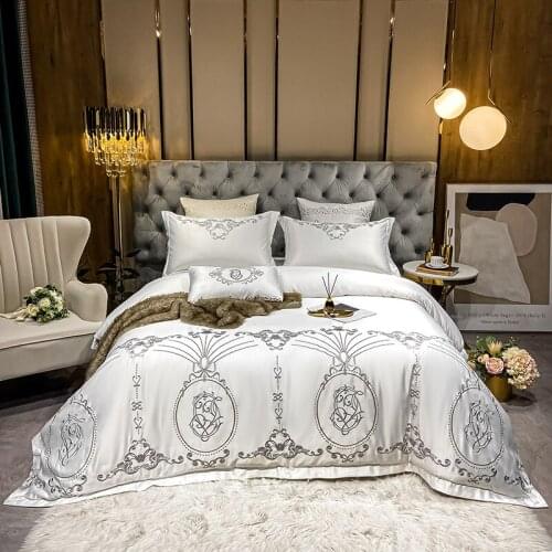 Luxury European Wedding Satin Silk Cotton Bedding Set Soft Silky Silver Embroidery Duvet Cover Flat/Fitted Sheet Pillowcases