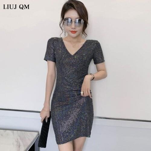 Summer Dresses For Women 2021 Sequined Short-sleeved V-neck Sexy Mini Dress Woman Vintage Folds Bodycon Dress vestido de mujer