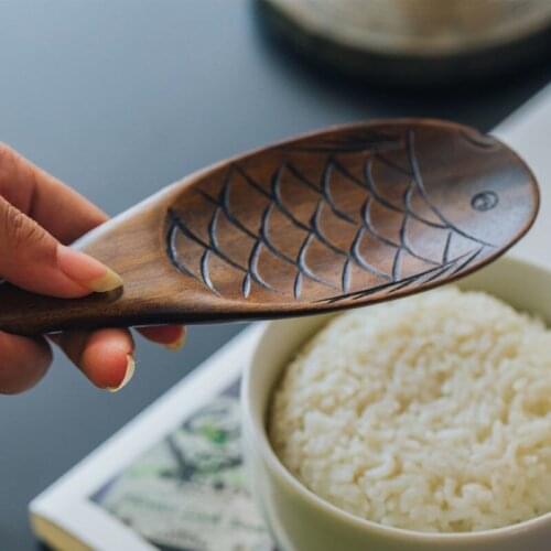 Nanmu Fish-shaped Rice Spoon Long Hand-carved Creative Rice Spoon Gift Wooden Spoon Non-stick Rice Kitchen Tools Accessories