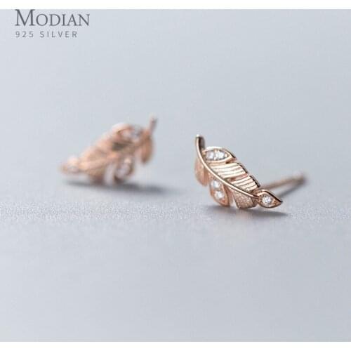 Modian New Exquisite Tree Leaves Stud Earrings for Girls Lady Women Clear CZ Minimalist Silver Prevent Allergy Jewelry Brinco