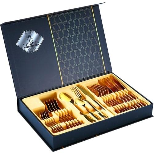24 Piece Dinnerware Sets Cutlery Durable Fork Spoon Titanium Plated Gold Cutlery Spoon Gift Box Tableware Kitchen Utensils Sets