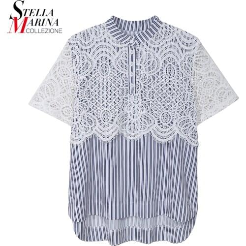 New 2021 Woman Summer Casual Tee Top Blue Striped Short Sleeve Lace Patchwork Tee Shirt Unique Casual T-shirt Lovely Style 8366