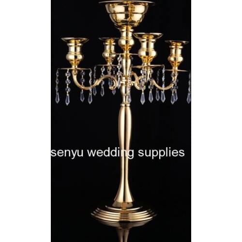 New style antique brass candelabra 5 arm gold crystal candelabra wedding centerpieces senyu0337