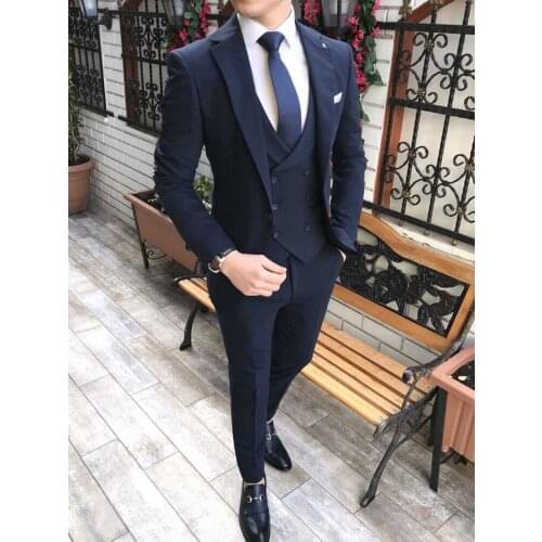 New Style Men Suits Navy Blue Groom Tuxedos Notch Lapel Groomsmen Wedding Best Man 3 Pieces ( Jacket+Pants+Vest+Tie ) C899