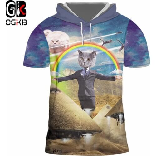 OGKB Hooded T-shirt Men New O-neck Animal 3D Tee Shirt Printed Gentleman Cat Rainbow Hip Hop Oversized Homme Thin Hood Tshirt