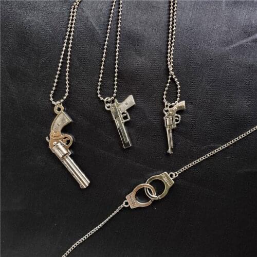 Retro Pistol Handcuffs Gun Pendant Necklace For women Punk Antique Weapon Alloy Beads Chains Jewelry Party Gifts