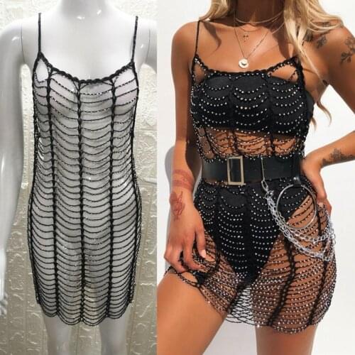 Bar Nightclub DJ DS Female Singer Stage Costumes Beach Vacation Handmade Sexy Black Perspective Strap Dress Women Smock DWY3308