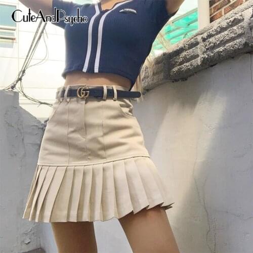 Korean Style y2k Pleated Skirts Womens Sexy Vintage Fashion Mini Skirts Summer Solid Harajuku Cute Khaki 90s Skirts Cuteandpscho
