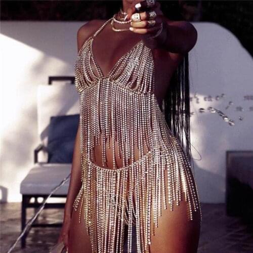 Sexy transparent deep V Rhinestone womens suit hood bikini hollow out shiny body chain outcrop crystal tassel Mini Skirt