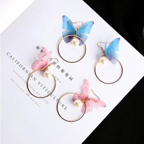 Korean Retro Asymmetric Butterfly Imitation Pearl Earrings Fashion Round Flower Brincos Long Statement Wings Earrings Jewelry