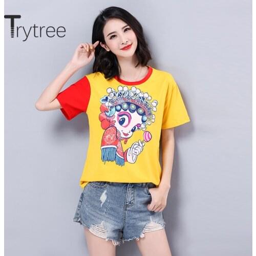 Trytree 2020 Summer Woman Casual T-shirt O-neck Loose Patchwork T-shirt Fashion Cartoon Short Sleeve Lovely Office Lady T-shirt