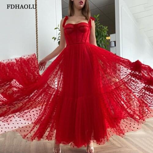 FDHAOLU FU113 New Arrival Red Sweetheart Dot net Bustier Bodice Prom Dress Elegant A-Line Straps Long Evening Dress Pleated
