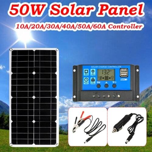 50W Solar Panel Charging Board Dual USB Output Solar Cells with 10A/20A/30A/40A/50A/60A Controller Battery Charger for Outdoor