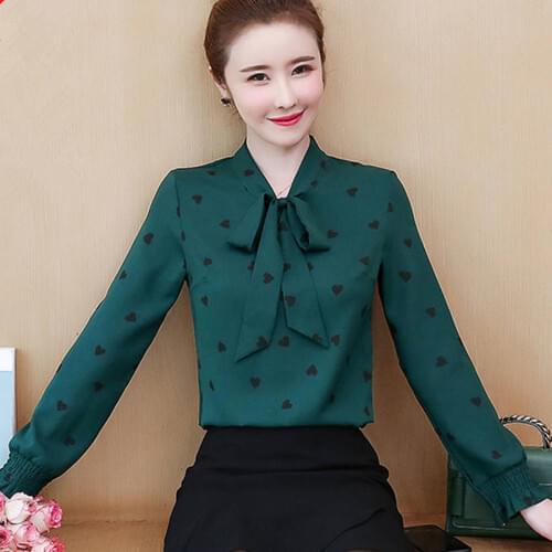Womens Spring Autumn Style Chiffon Blouse Shirt Womens Printed Bow Long Sleeve Elegant Temperament Tops DD8456