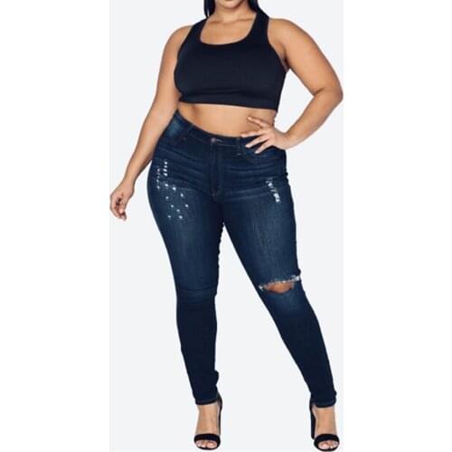 FNOCE 2020 winter new womens ripped jeans pants large size fashion casual solid high waist tight hole stretch denim Pencil Pant