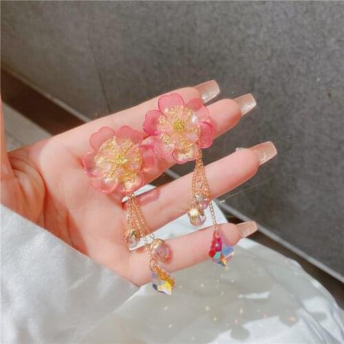 Korean Elegant Pink Flower Drop Earrings For Women Ladies Pearl Chain Tassels Fashion Crystal Tassel Summer Holiday Jewelry