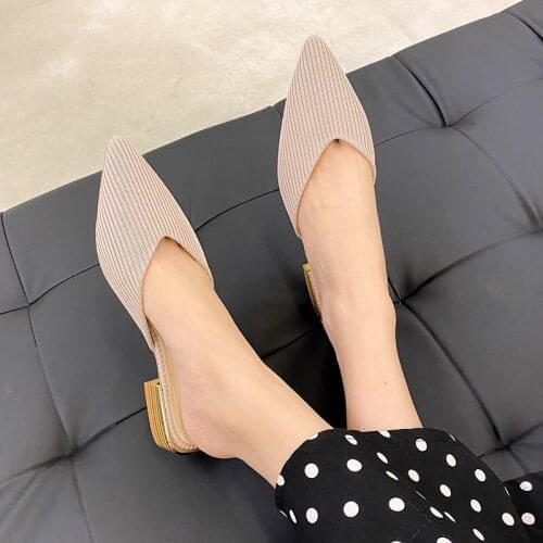 Women Low Heel Slippers Knit Fabric Summer Breathable Shoes Pointed Toe Square Heel Casual Sandals Lady Fashion Slides