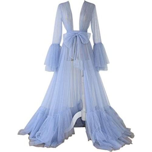 Ladies Tulle Prom Dresses Long Lingerie Gown Nightgown Maternity Gown With Luxury Full Puffy Sleeves