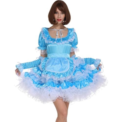 Sissy Maid Pale Blue Lockable Dress Puffy Crossdress Cosplay Costume