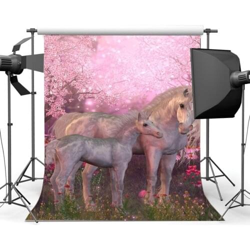Photography Backdrop Unicorn Dreamy World Fairy Tale Cherry Blossom Flowers Pink Floral Grass Field Landscape Backdrops