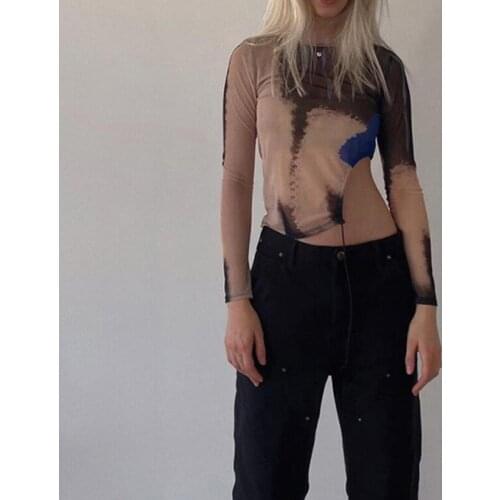Sexy Mesh Print T-Shirts Women Clothing Skinny Punk See Through Long Sleeve Tops Gothic Drawstring Side Tie Dye Tees