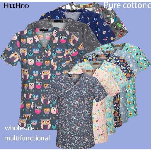 Cotton Wholesale Workshop Dust-proof Worker V-neck Comfortable Pocket Multi-functional Top Nurse Hotel Attendant Cleaning Shirt
