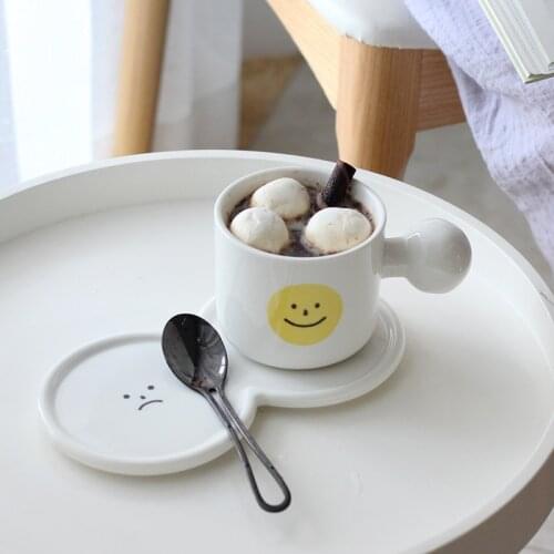 Cute Smiling Face Mug With Dish Creative White Coffee Cup Saucer Korean Afternoon Tea Cup Set Kitchen Home Office Drinkware Gift