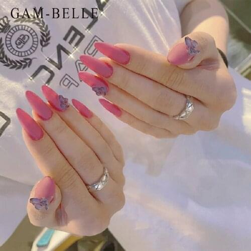GAM-BELLE Matte Rose Red Fake Nails Long Stiletto Artificial Press On Nails Tips With 3D Butterfly DIY Manicure Nail Art Tools