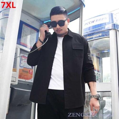 Tide brand large size shirt mens plus size autumn mens pocket long-sleeved loose casual jacket shirt 7XL