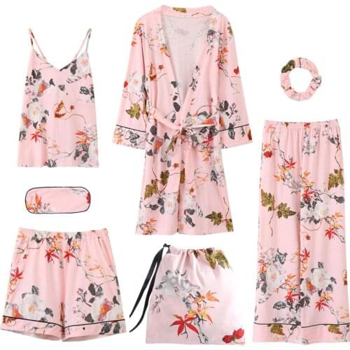 Lounge Robe Summer Autumn Winter 7 Pcs Set 100% Cotton Elegant Women Pajamas Short Long Sleeve Top Elastic Waist Pant Sleepwear