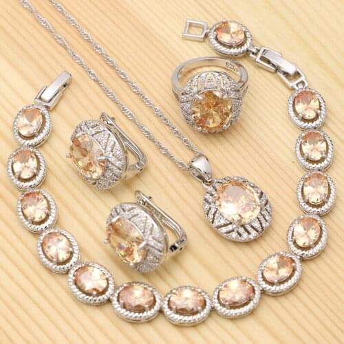 Champagne Egg Cubic Zirconia Silver 925 Jewelry Sets For Women Ring Bracelet Necklace Pendant Stud Earrings Set