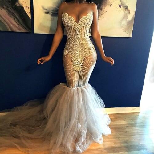 Chic Beading Mermaid Prom Dresses 2020 Illusion Black Girl Formal Evening Dress Long Train See Through Party Gowns Plus Size