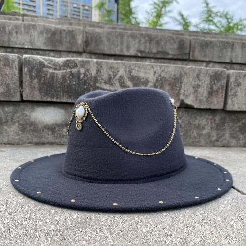 2Size Wool Women Men Black Steampunk Fedora Hat Acrylic Gems Wide Brim Jazz Church Cap Panama Sun Top Hat