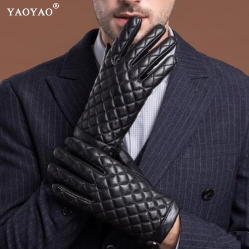 YY5223 Winter Fashion Mens Genuine Leather Thick Velvet Warm Gloves Male Fleece Korean Style Plaid Botton Luvas Gift For Man