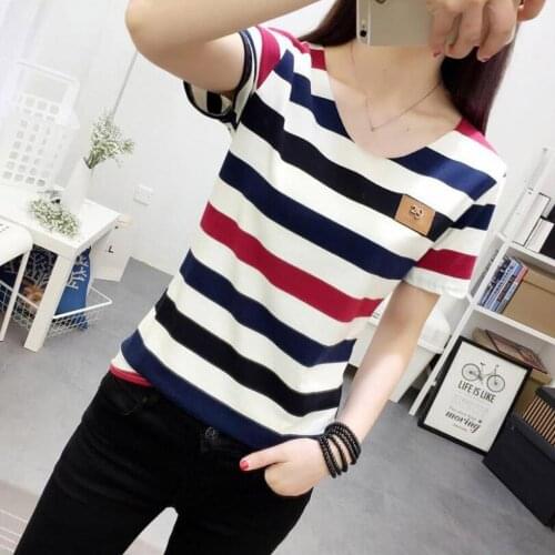25#Women T Shirt Casual Short Sleeve Stripe Printed Korean O-Neck Pullover Tops Tee Summer Harajuku Plus Size T-Shirt Tunic