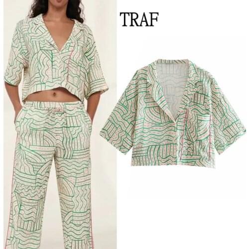 TRAF Za Top Women 2021 Fashion Linen Loose Women Blouses Short Sleeve Women Clothing Vintage Blouses And Shirts Summer Tops