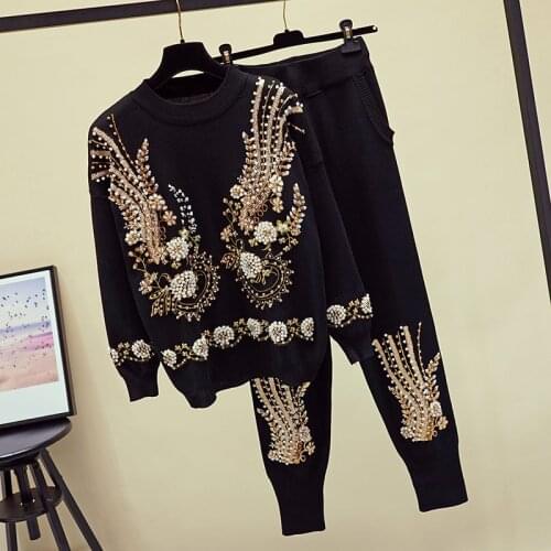 Fashion Manual Beading Sequin flower Women Knitted Sets Long sleeve Pullover Pencil Pant Female Casual Knit Sportswear Outfits