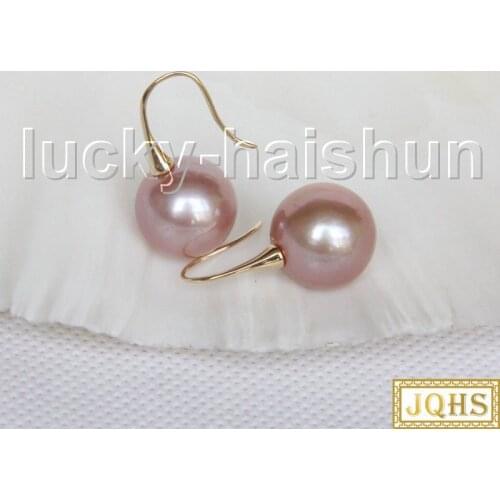 AAA natural dangle 13mm round purple South Sea pearls Earrings 14KT Solid gold j11591
