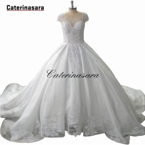 White Lace Wedding Dress Illusion Scoop Neck Bridal Dress Capped Sleeves Court Train