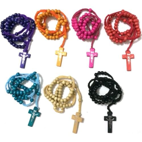 Free ship 50pcs/lot mix colors Olive Wood Cross Crucifix & Rosary Beads Necklace souvenir JERUSALEM Holy Land