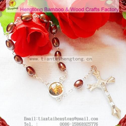 Free ship 10pcs/pack brown 6*8mm glass faux pearl rosary bracelet,religious bracelet with twelve images rosary centerpiece