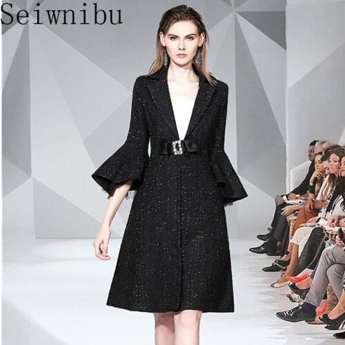Seiwnibu Brand Ladies Runway Tweed Black Winter Outerwear Women Flare Sleeve Woolen Patchwork Mesh Beaded Button Thick Wool Coat